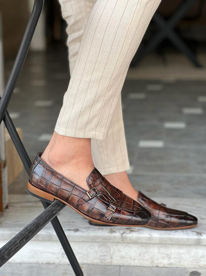 Tampa Brown Crocodile Pattern Monk Strap Loafers