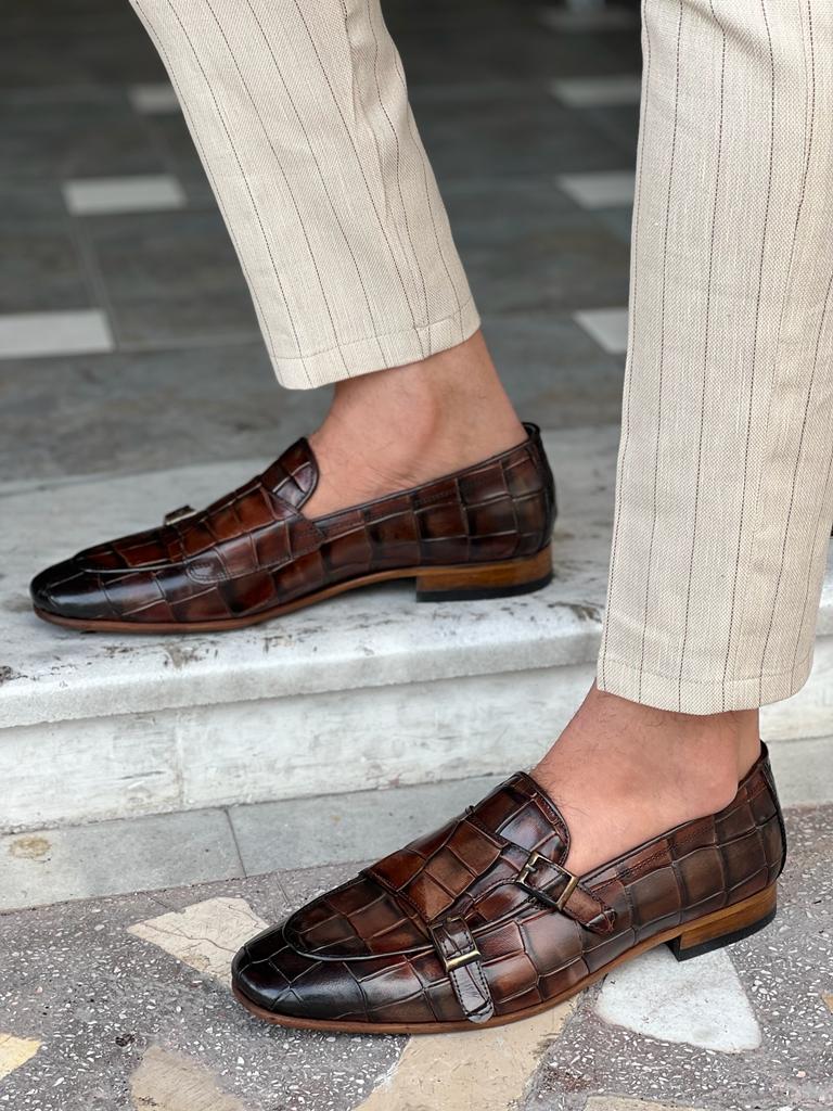 Tampa Brown Crocodile Pattern Monk Strap Loafers