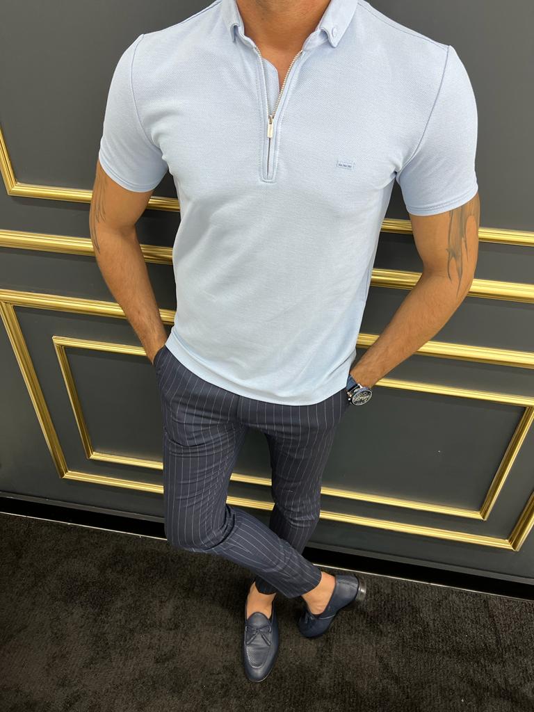 Enzo Light Blue Slim Fit Zipper Polo T-Shirt