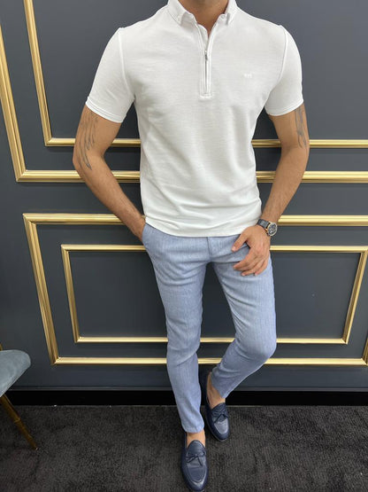Enzo White Slim Fit Zipper Polo T-Shirt