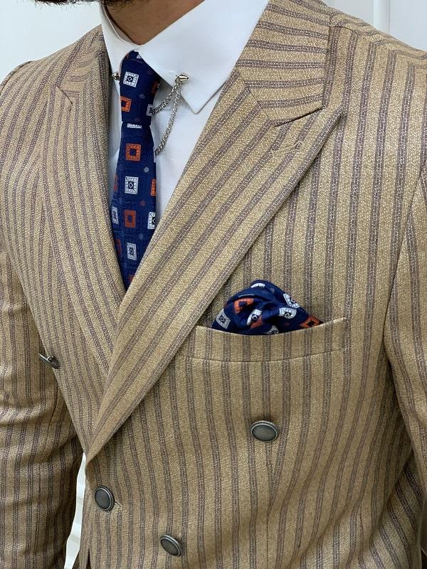 Varteni  Brown Slim Fit Peak Lapel Double Breasted Striped Suit