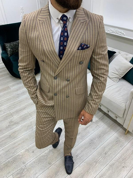 Varteni  Brown Slim Fit Peak Lapel Double Breasted Striped Suit