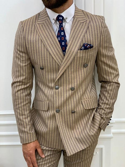 Varteni  Brown Slim Fit Peak Lapel Double Breasted Striped Suit