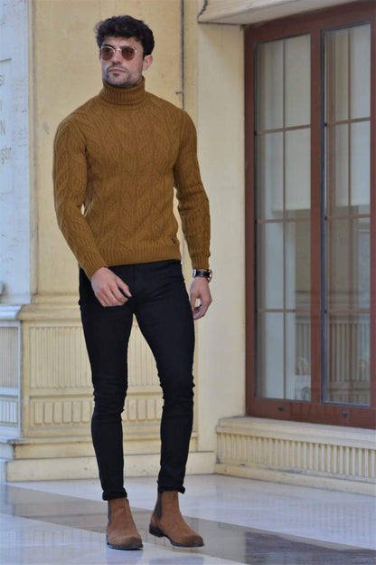 Vicenza Slim-fit Patterned Turtleneck wool Knitwear Camel