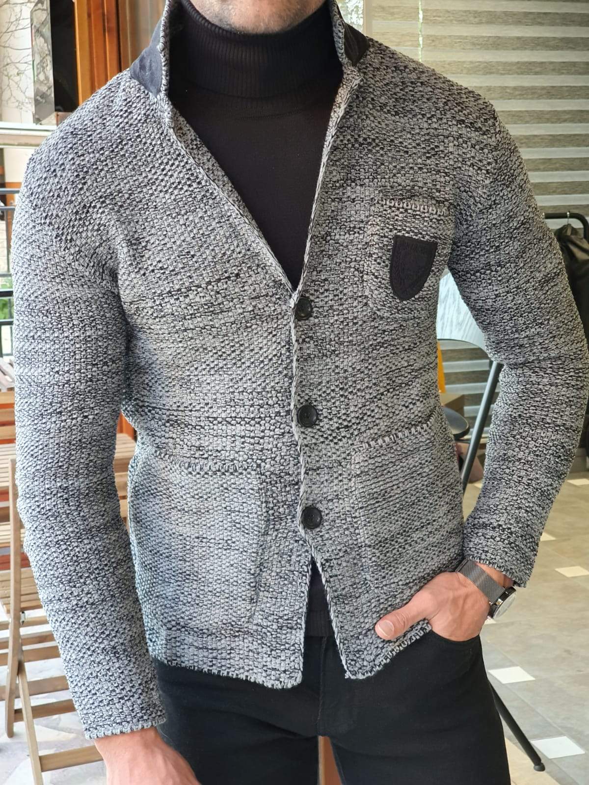 Saponi Slim-fit Buttoned Knitwear Jacket Black