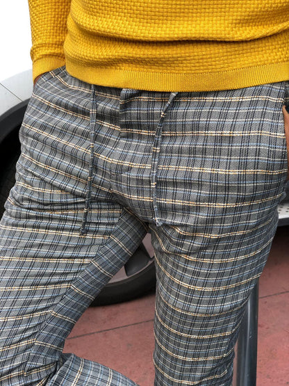 Cris Slim-fit Plaid Pants Grey & Mustard