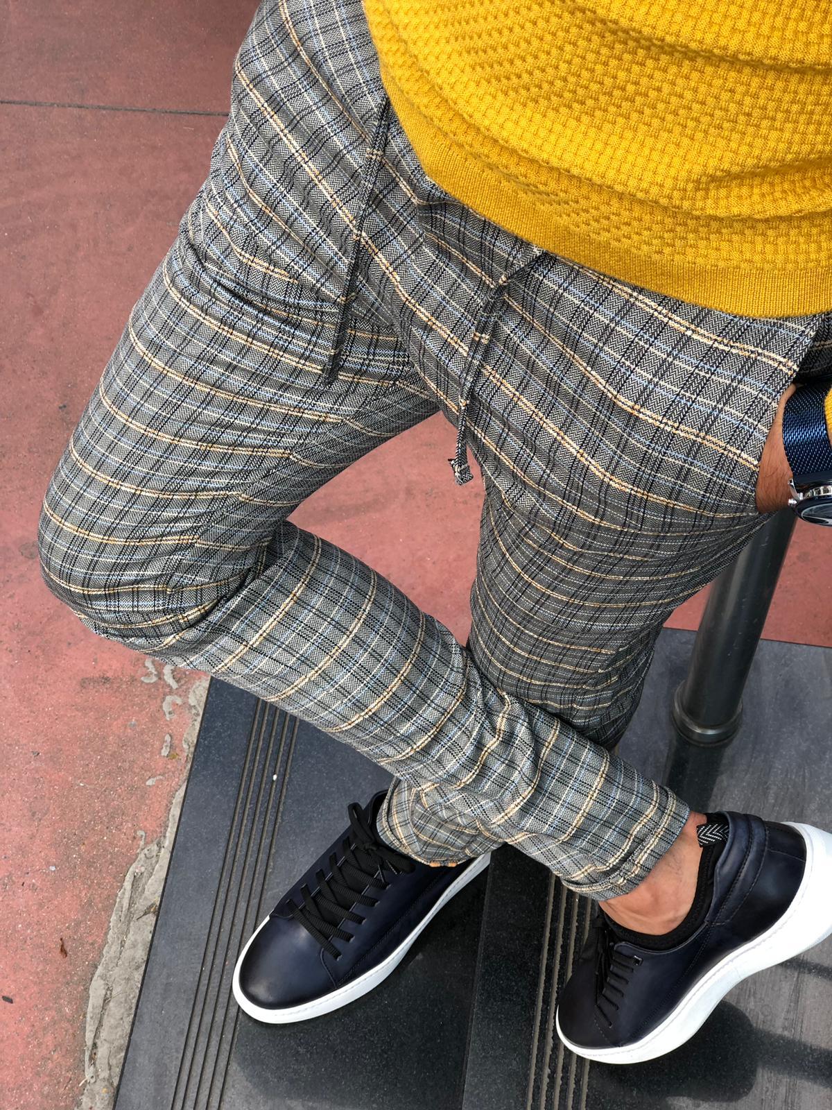 Cris Slim-fit Plaid Pants Grey & Mustard