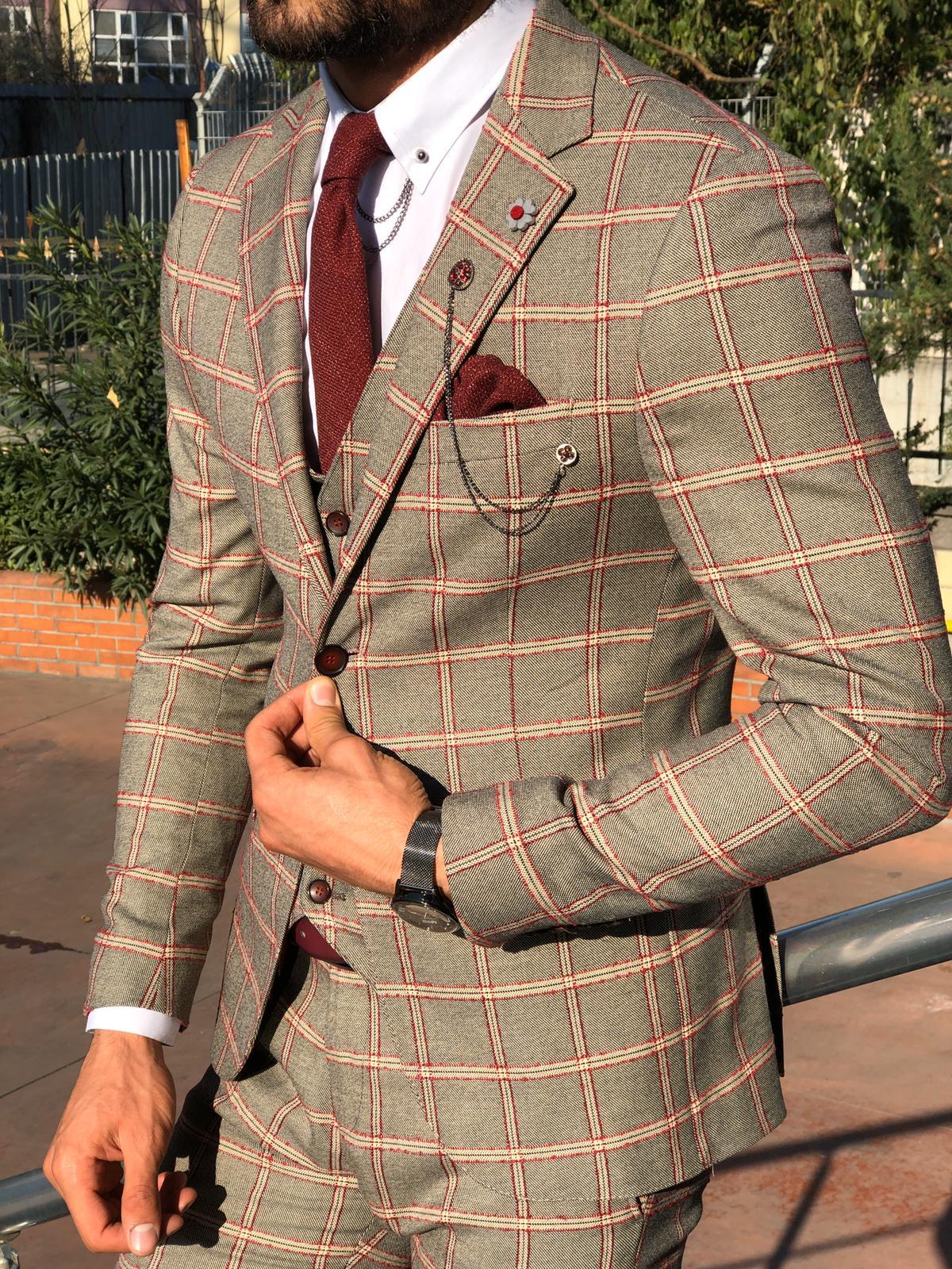 Toni Slim-Fit Plaid Suit Vest BURGUNDY