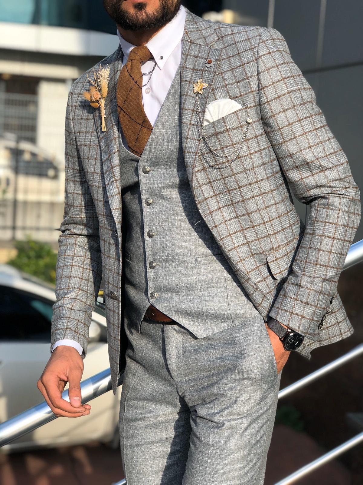 Tony Slim-Fit Plaid Suit Vest Camel