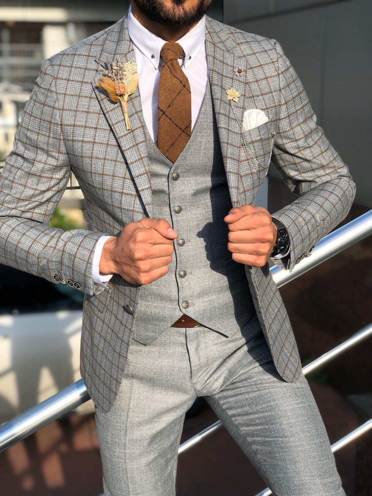 Tony Slim-Fit Plaid Suit Vest Camel