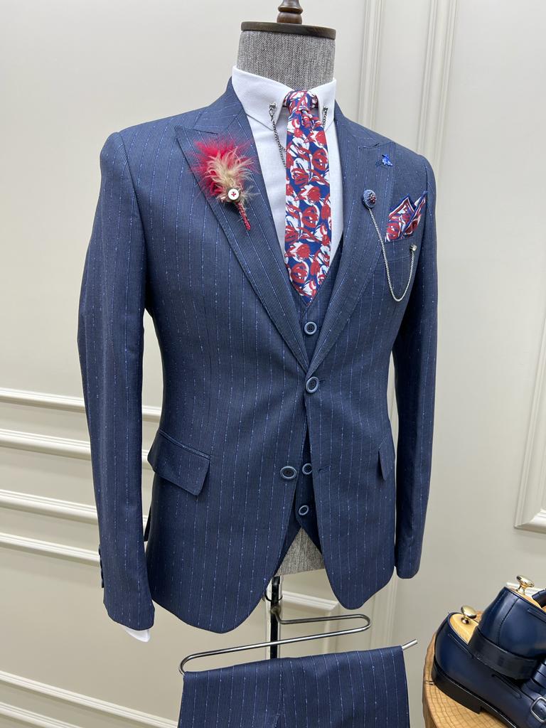 Evo Navy Blue Slim Fit Peak Lapel Pinstripe Suit