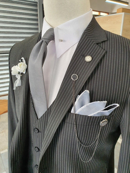 Giotto Black Slim Fit Notch Lapel Striped Suit
