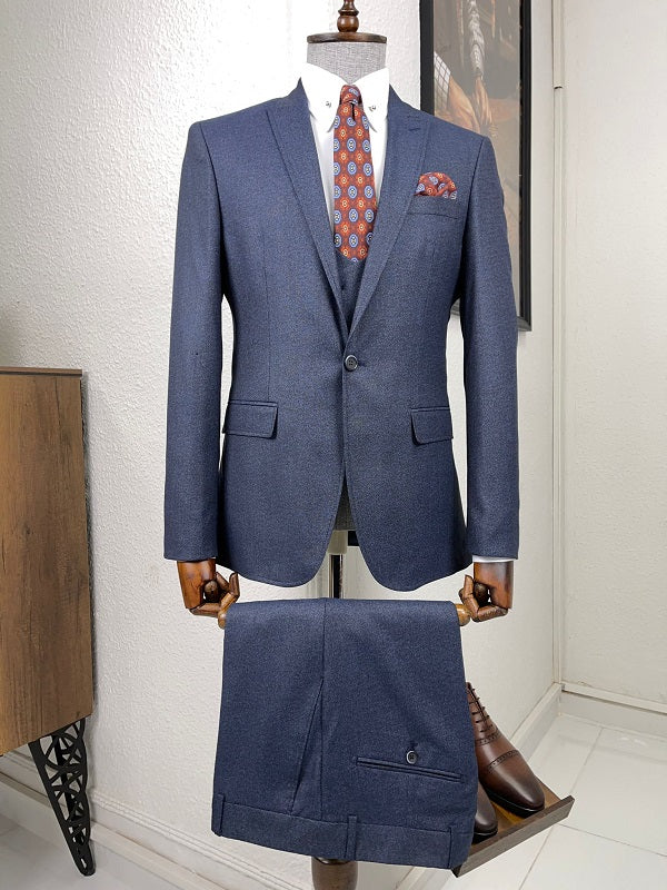 Daroni Navy Blue Slim Fit Wool Suit