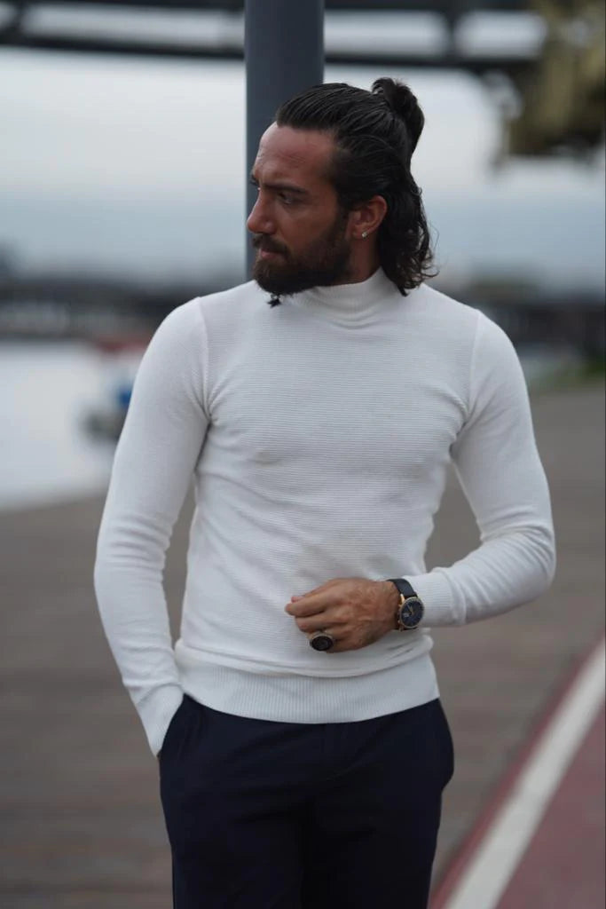 Stefano Slim Fit Custom Design Half Turtleneck White Sweater BRABION