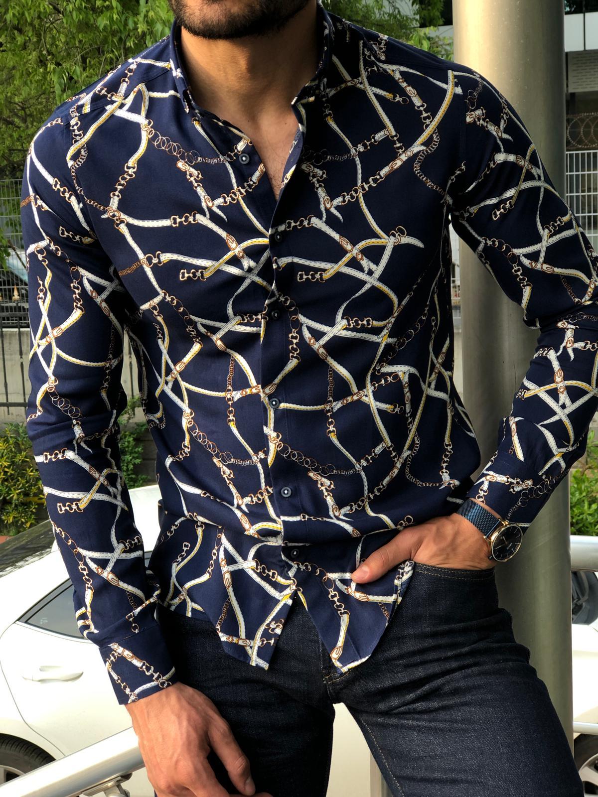 Blake Dark Blue Slim Fit Patterned Shirt – BRABION