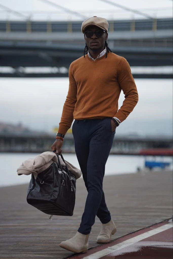 Stefano Slim Fit Custom Design Camel V Neck Sweater BRABION