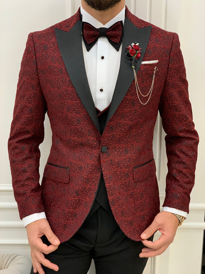 Caesar Red Slim Fit Peak Lapel Floral Patterned Tuxedo