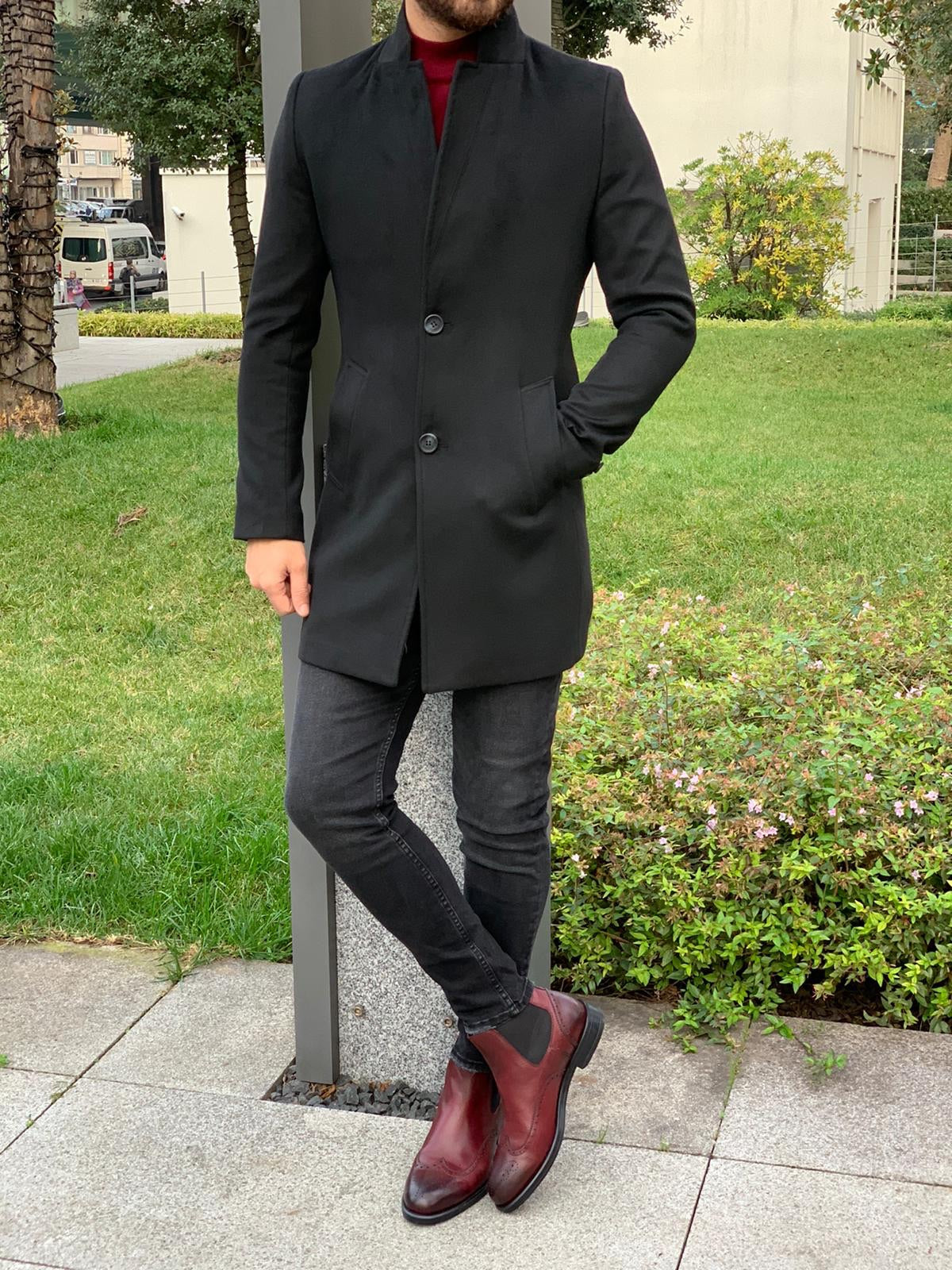 Kenzie Black Slim Fit Wool Long Coat