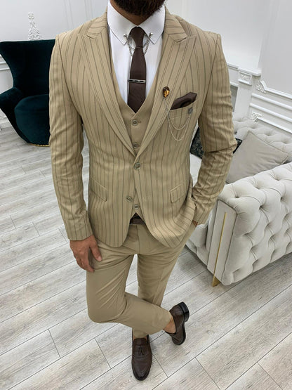 Barrua Cream Slim Fit Peak Lapel Striped Suit