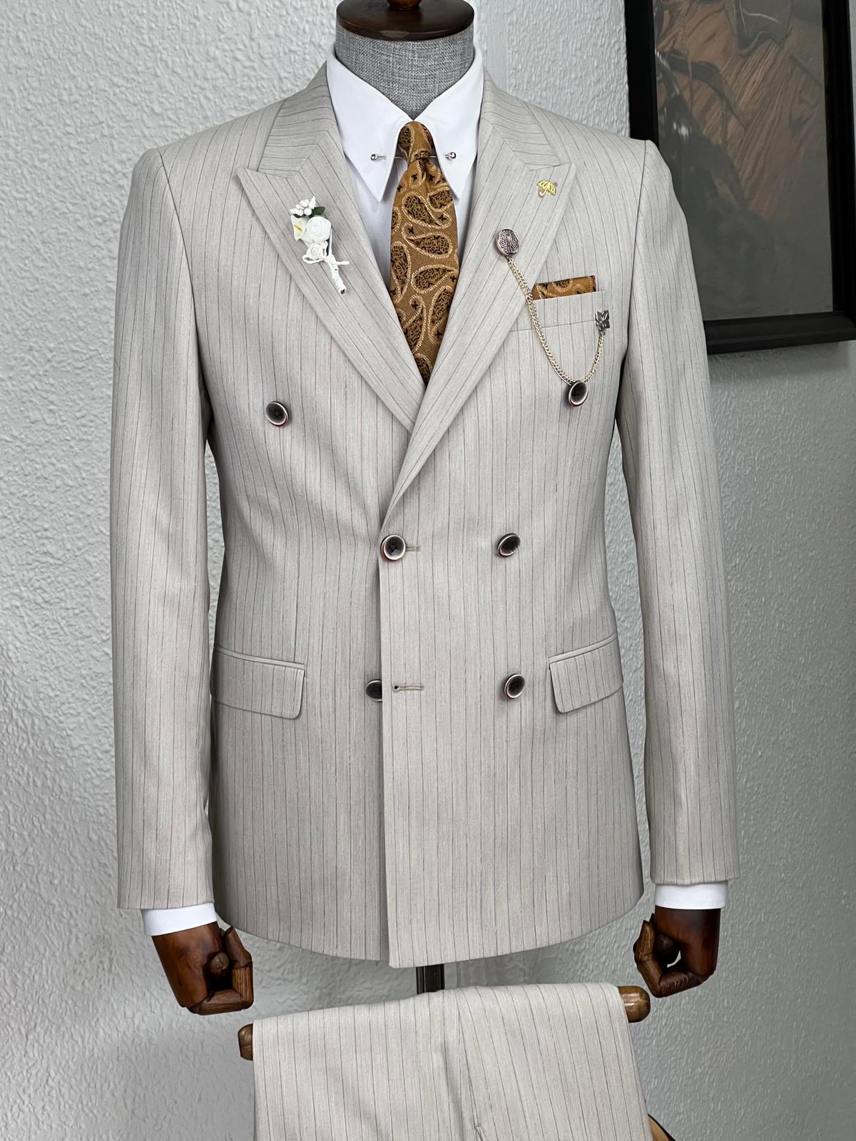 Veneta Slim Fit High Quality Striped Double Breasted Beige Woolen Suit