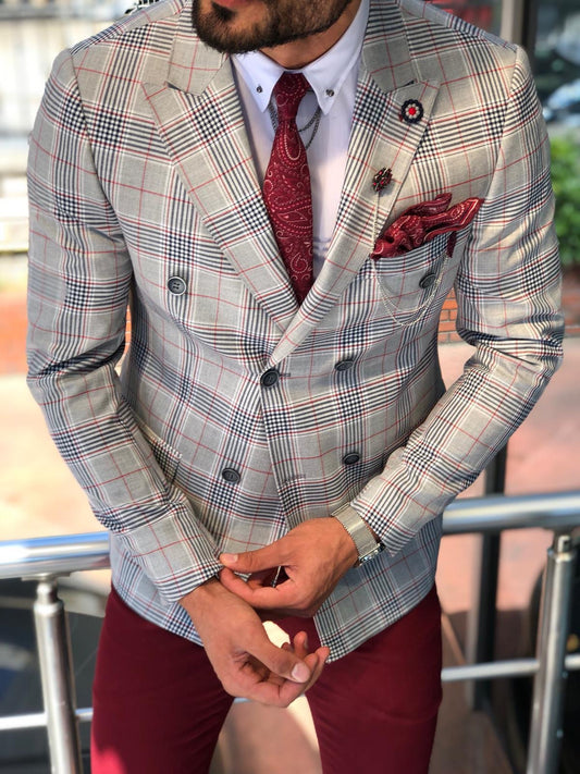 Double Breasted Plaid Gray Blazer