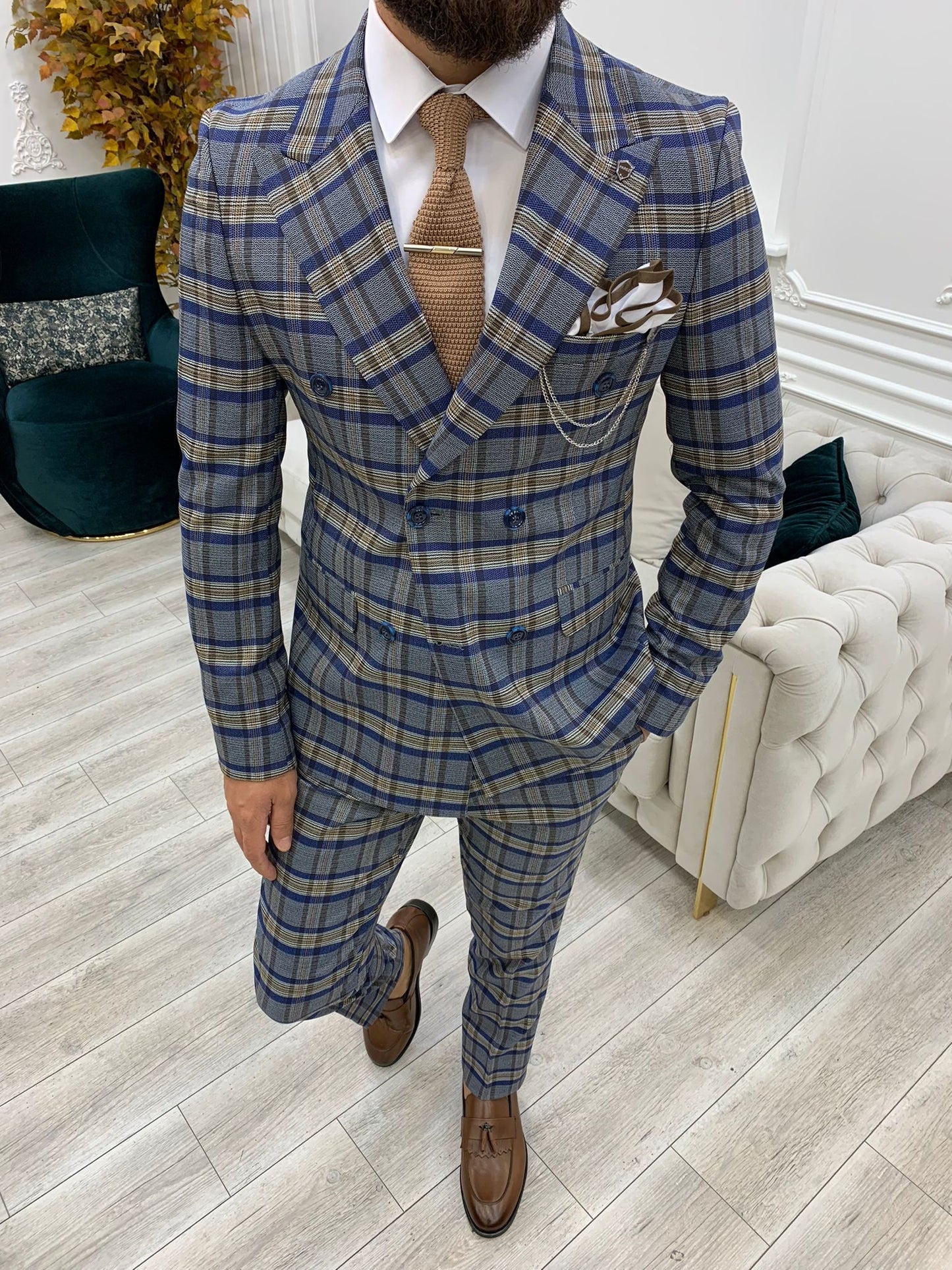 Vince Blue Slim Fit Double Breasted Plaid Suit