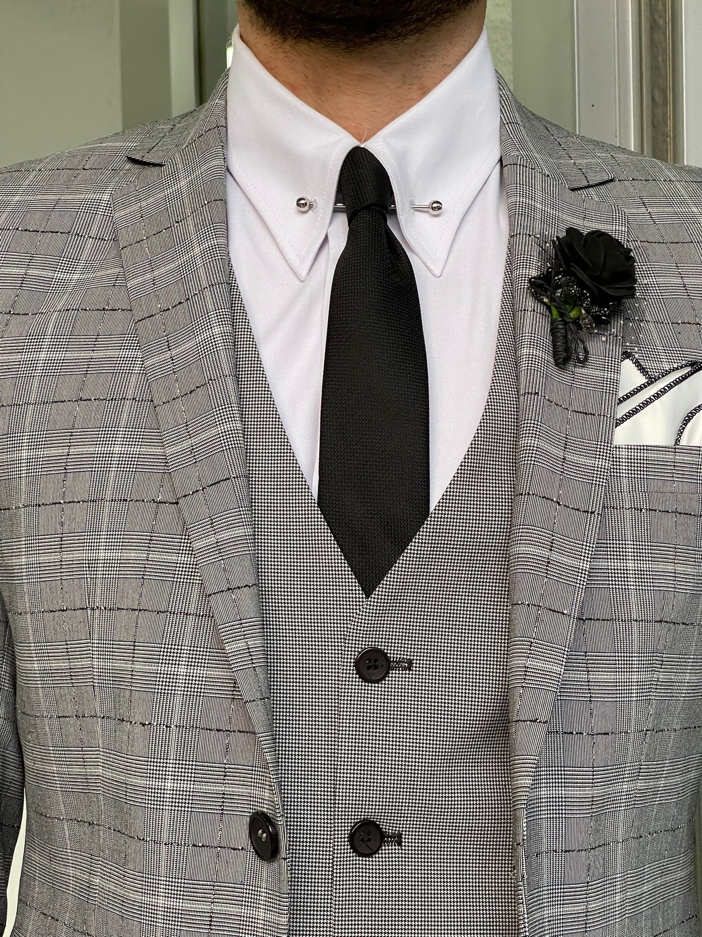 Hazel Gray Slim Fit Peak Lapel Plaid Wool Suit