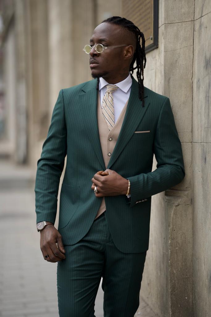 Sorento Green Slim Fit Pinstripe Combination Suit