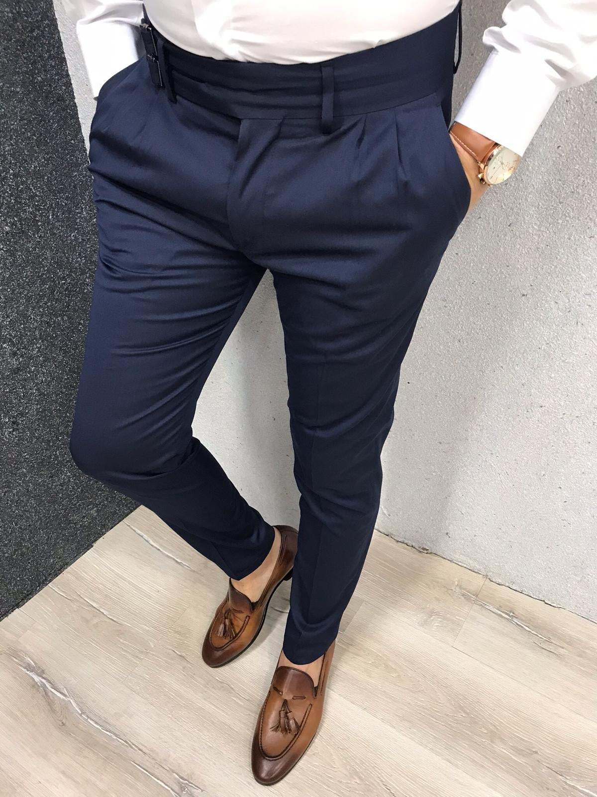 Men Formal Casual Pants Double Pleats Work Pleat-Front Dress Pant Classic  Fit Flat Front Expandable Waist Pant (Blue,29) at Amazon Men's Clothing  store