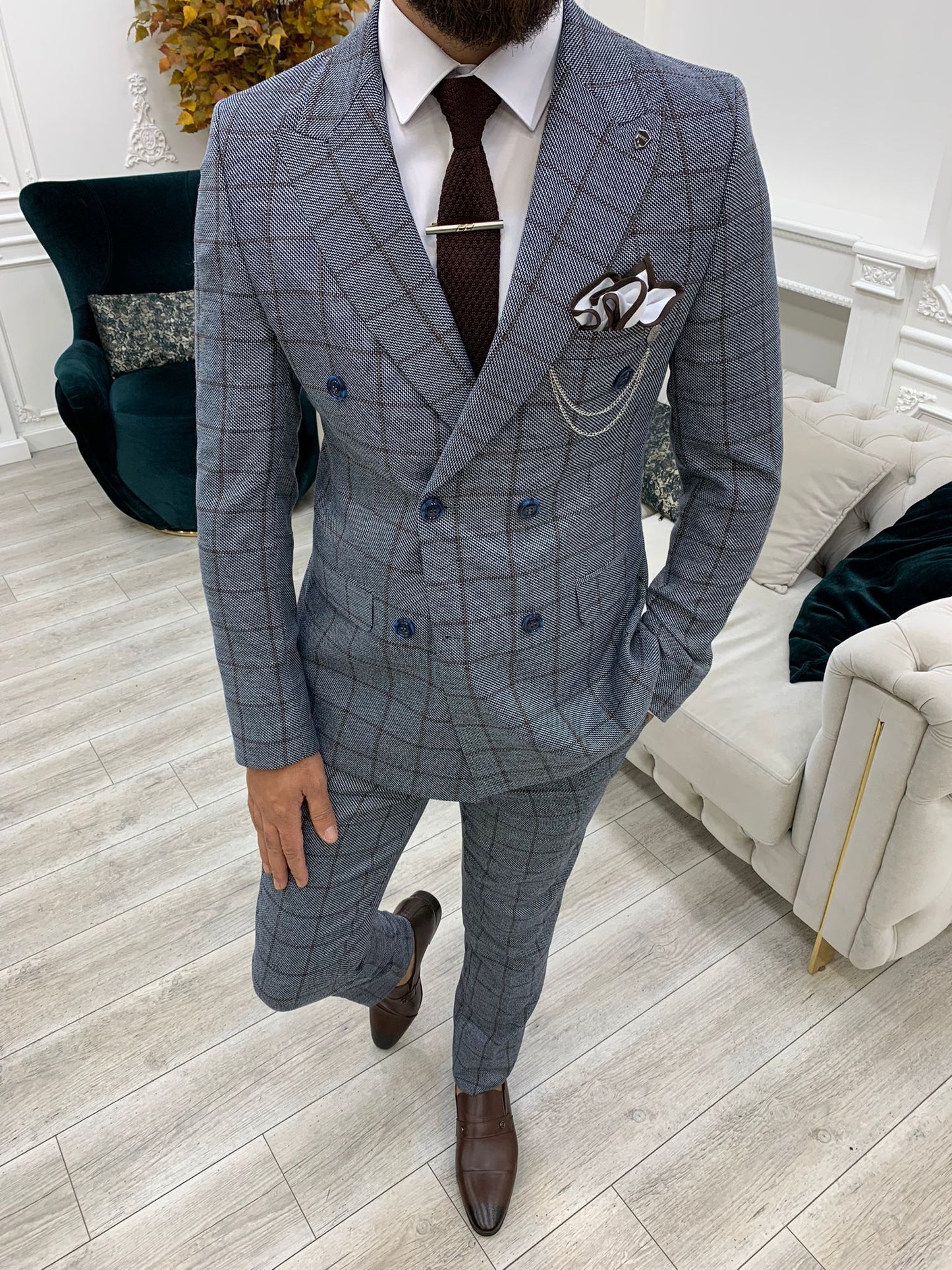 Rosario Blue Slim Fit Double Breasted Plaid Suit