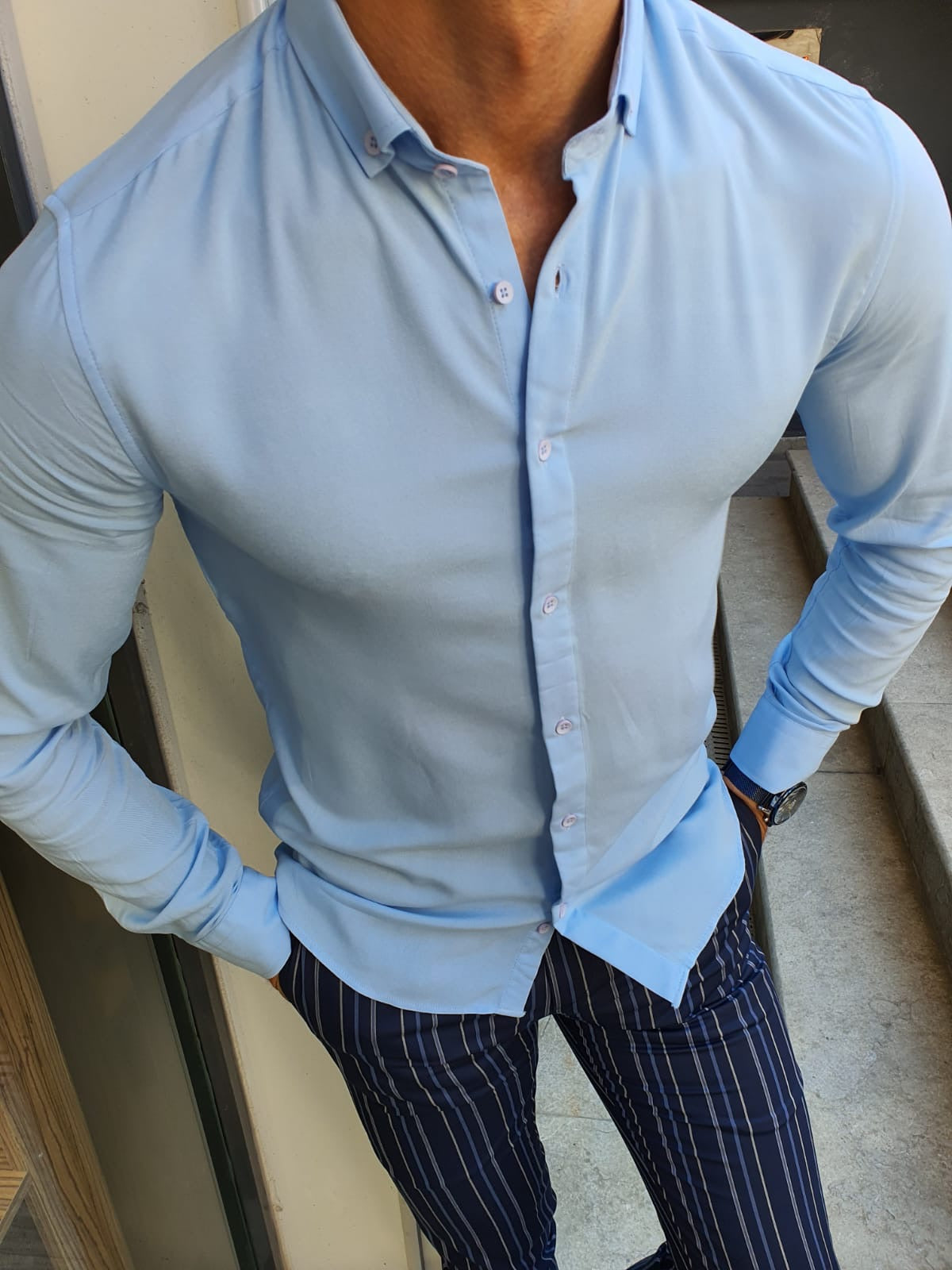 Brabion Newark Blue Slim Fit Button Collar Shirt