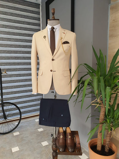 Berton Beige Slim Fit Notch Lapel Cotton Suit