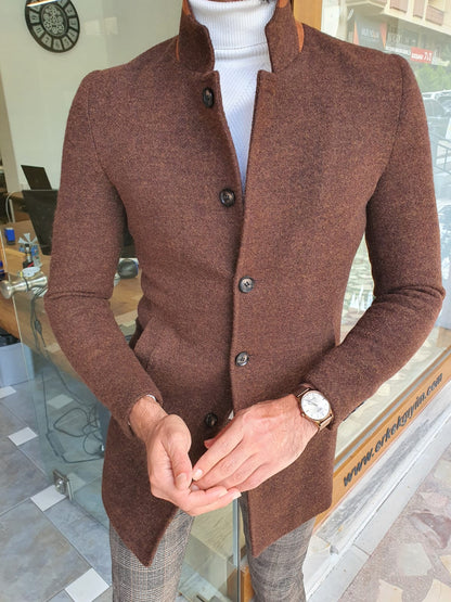 Eros Brown Slim Fit Wool Long Coat