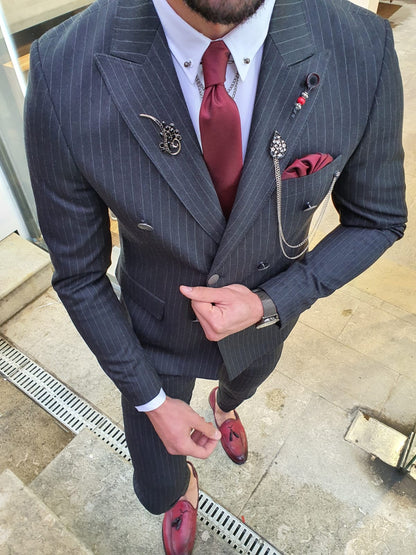 Olympia Black Slim Fit Double Breasted Pinstripe Suit