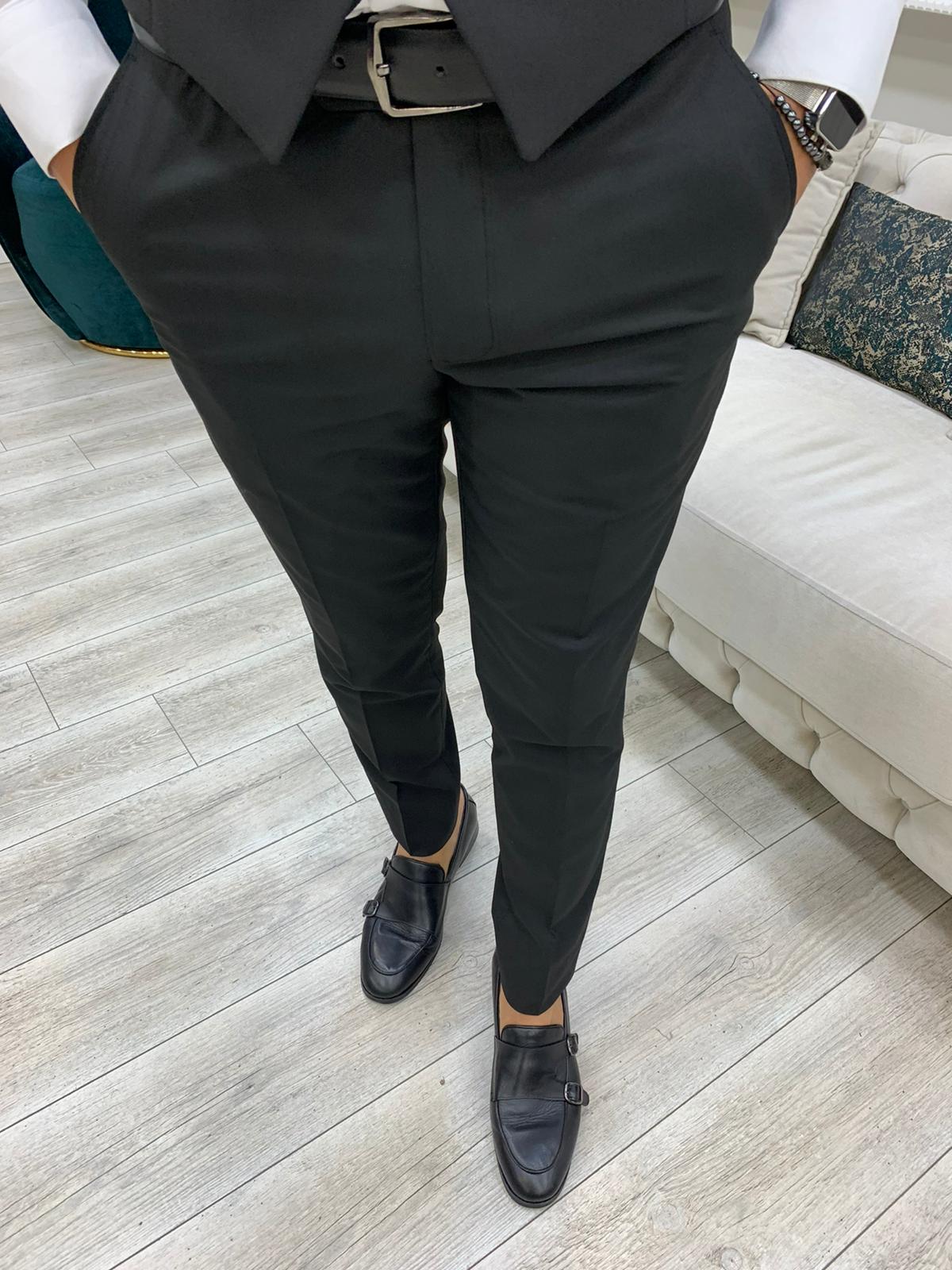 Barrua Black Slim Fit Peak Lapel Striped Suit