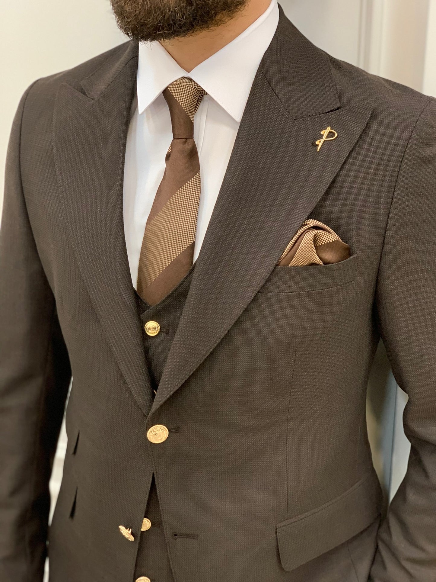 Nile Dark Brown Slim Fit Peak Lapel Suit