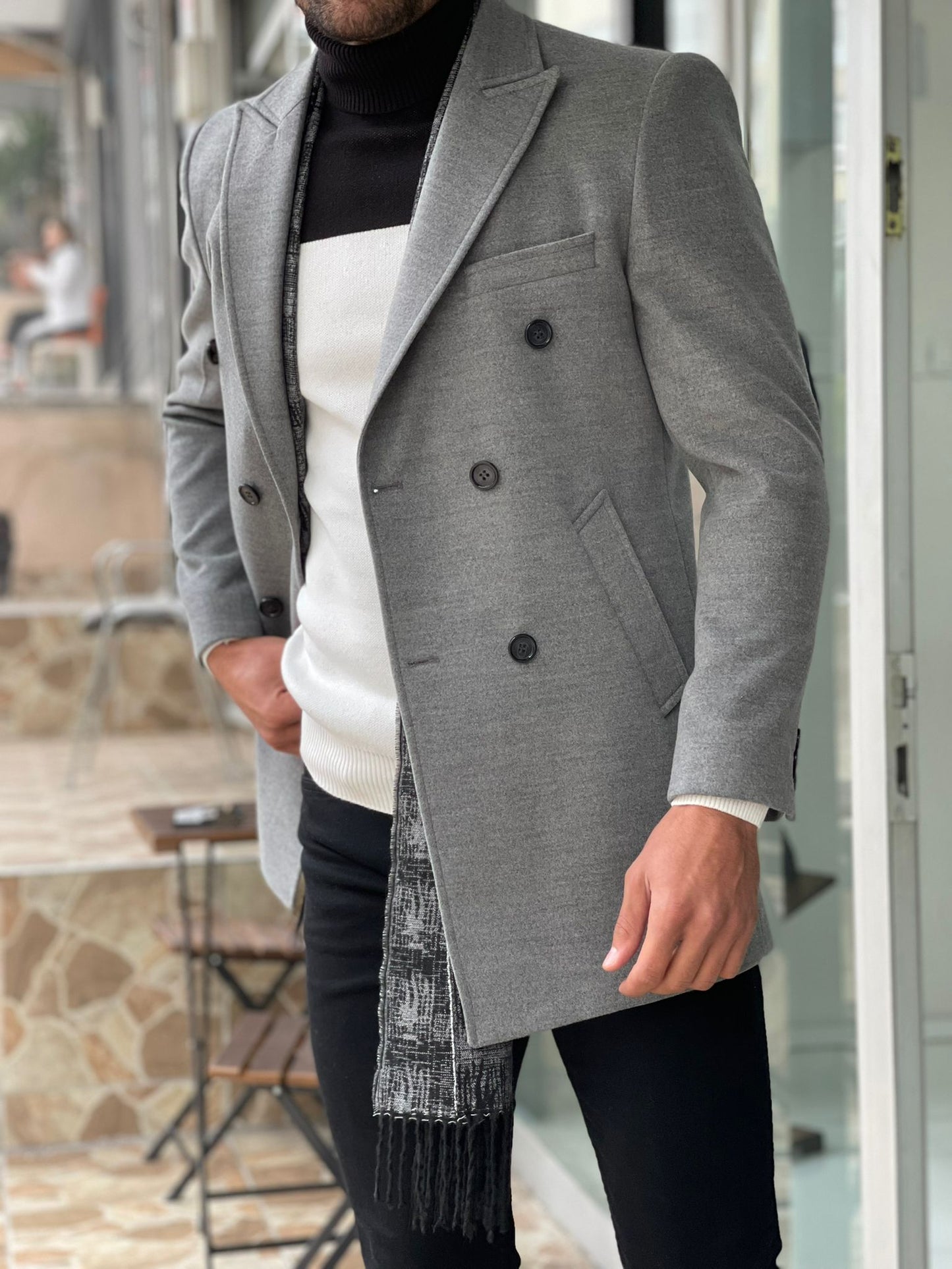 Viena Gray Slim Fit Double Breasted Wool Long Coat