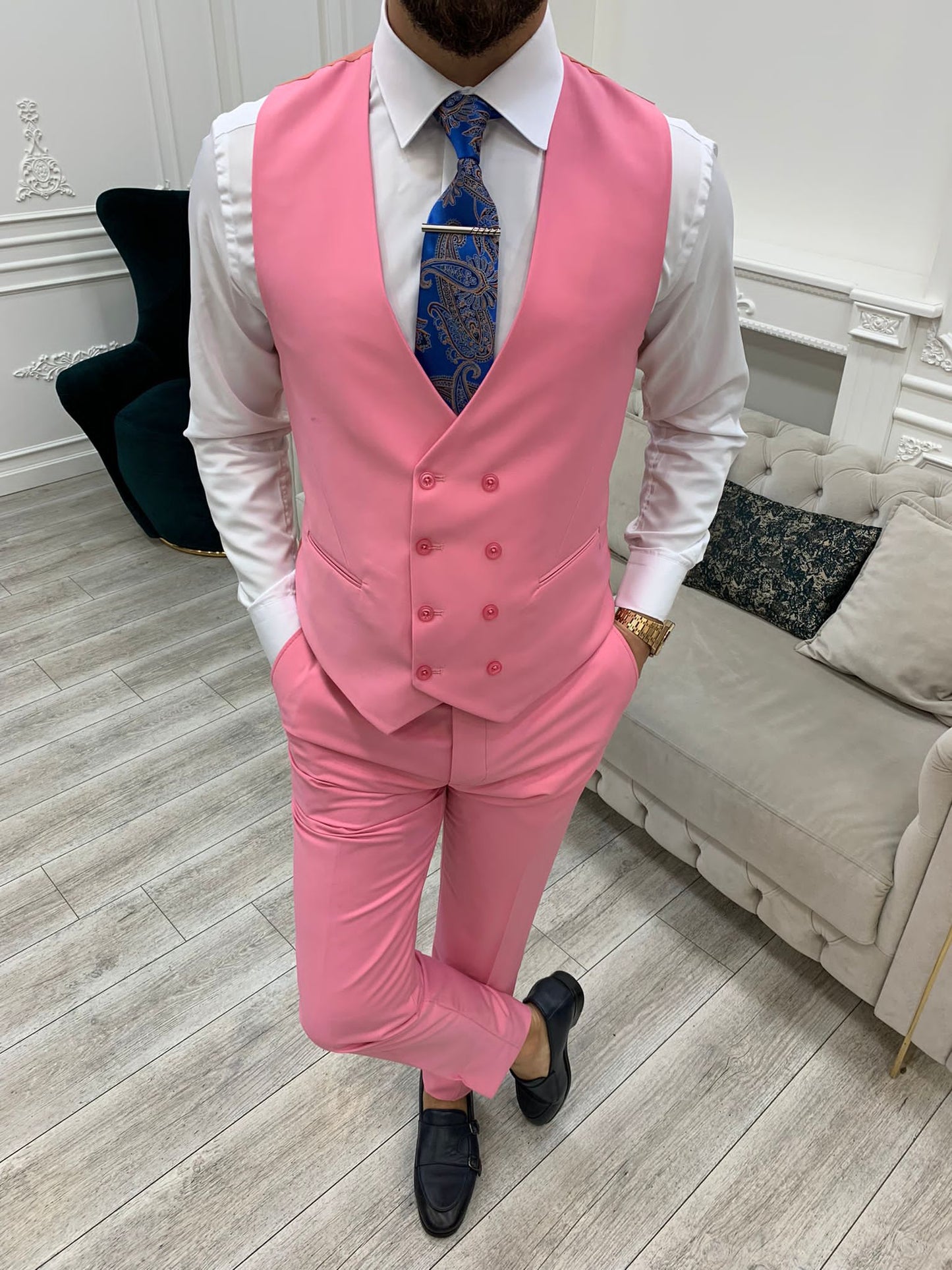 Amato Pink Slim Fit Peak Lapel Suit