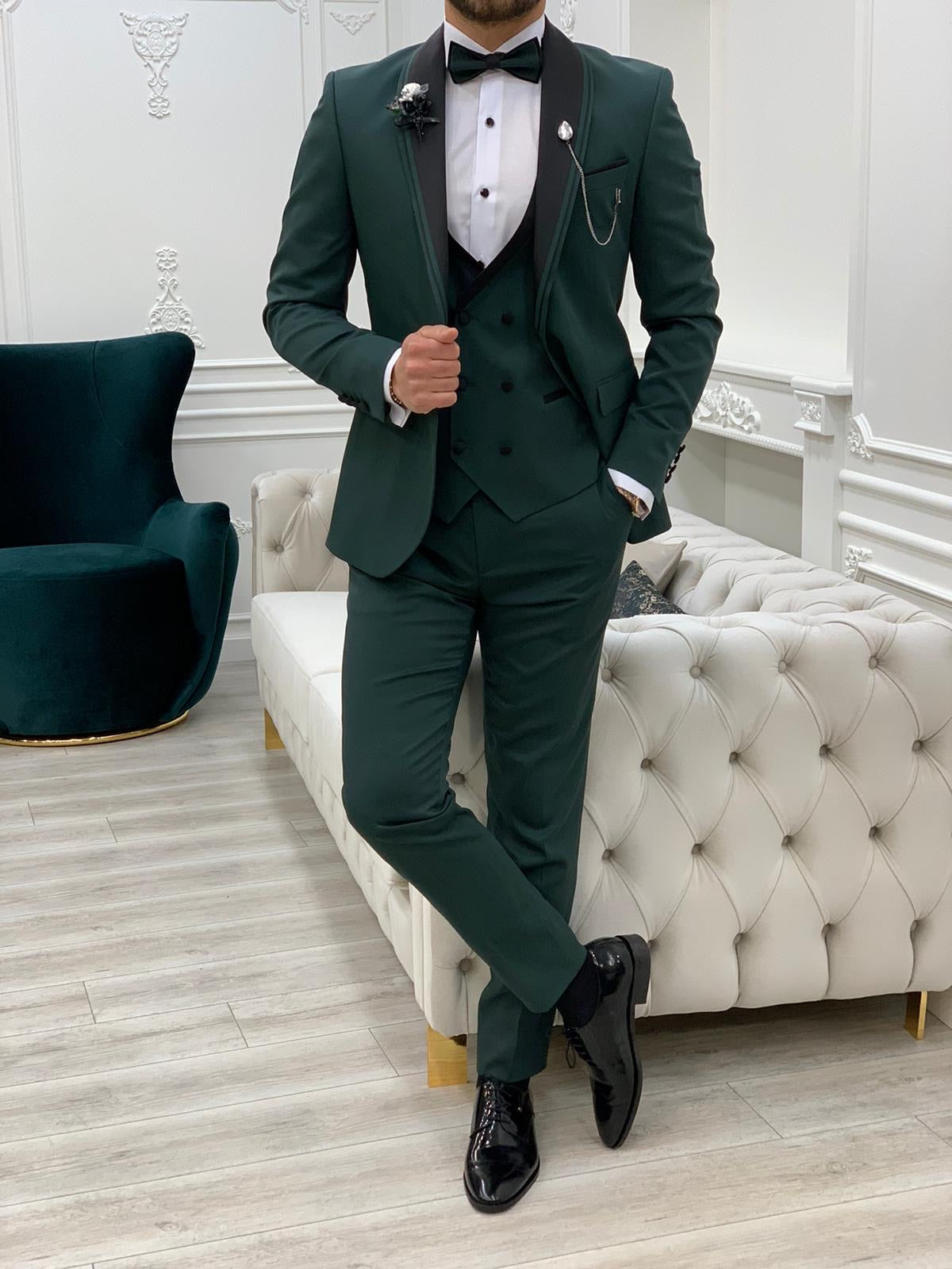 Torino Green Slim Fit Velvet Peak Lapel Tuxedo