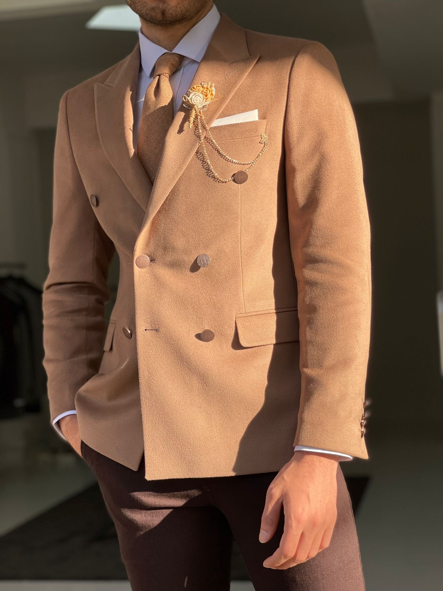 Remy Beige Slim Fit Double Breasted Wool Blazer – BRABION