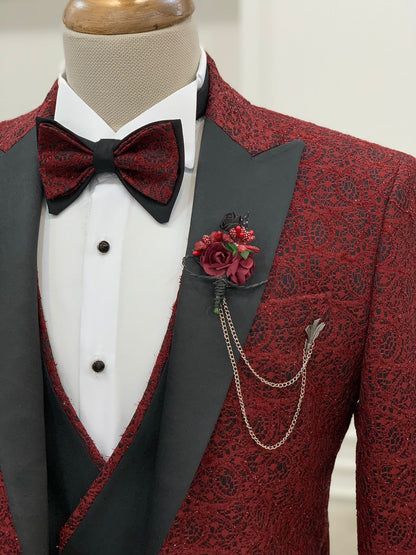 Caesar Red Slim Fit Peak Lapel Floral Patterned Tuxedo