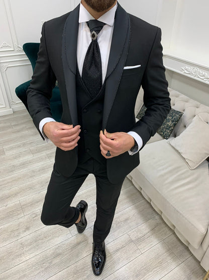 Forte Black Slim Fit Shawl Lapel Wedding Suit