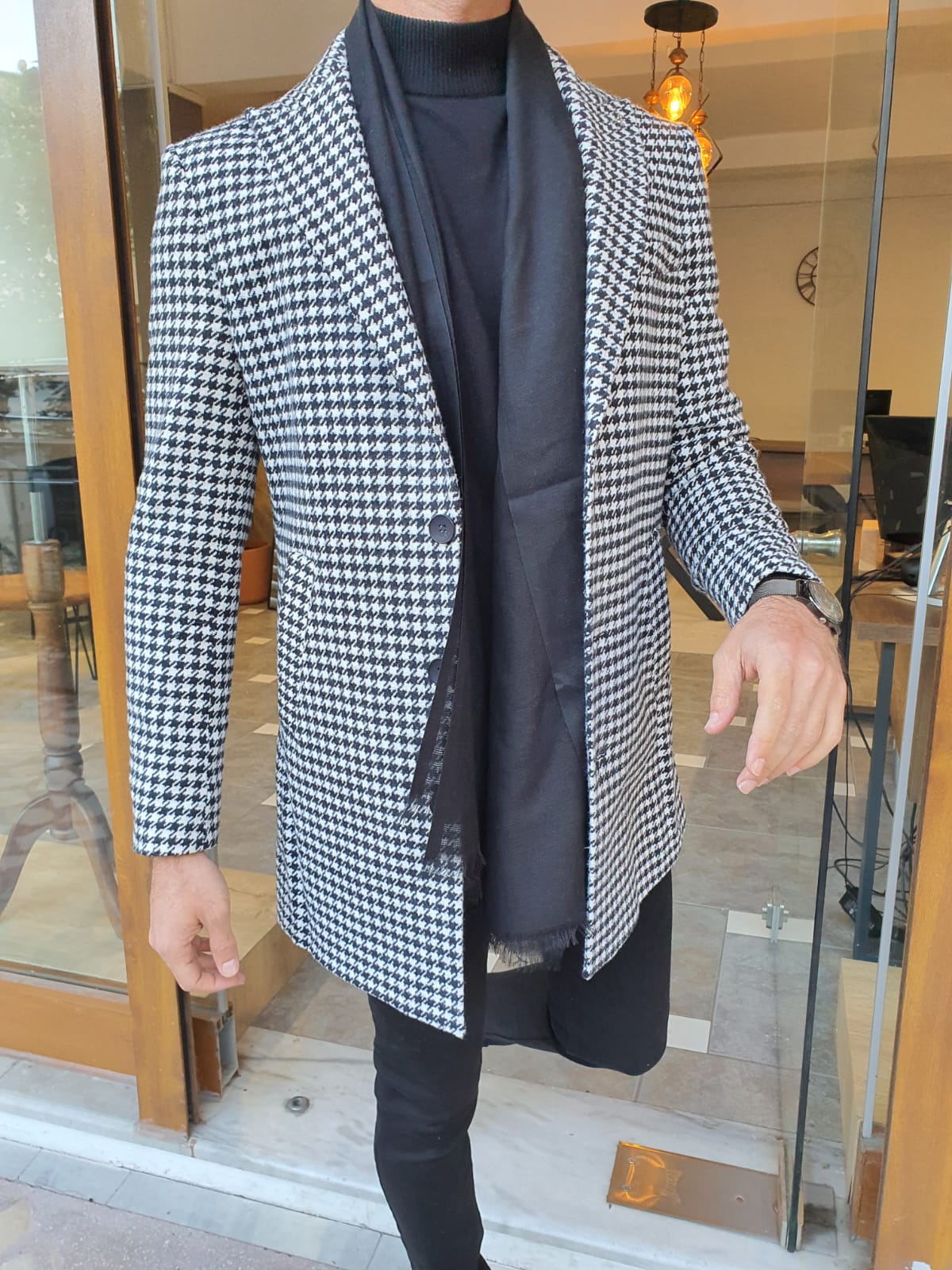 Eros Black Slim Fit Single Breasted Long Coat