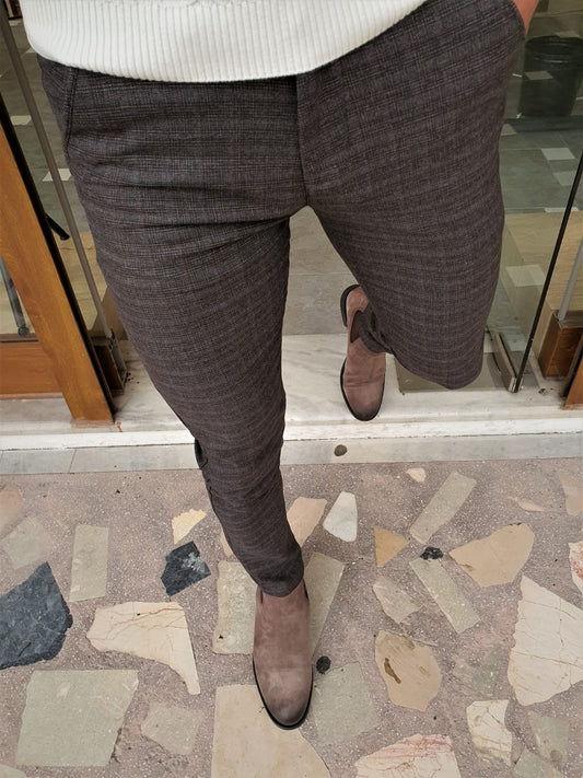 Henderson Brown Slim Fit Plaid Cotton Pants