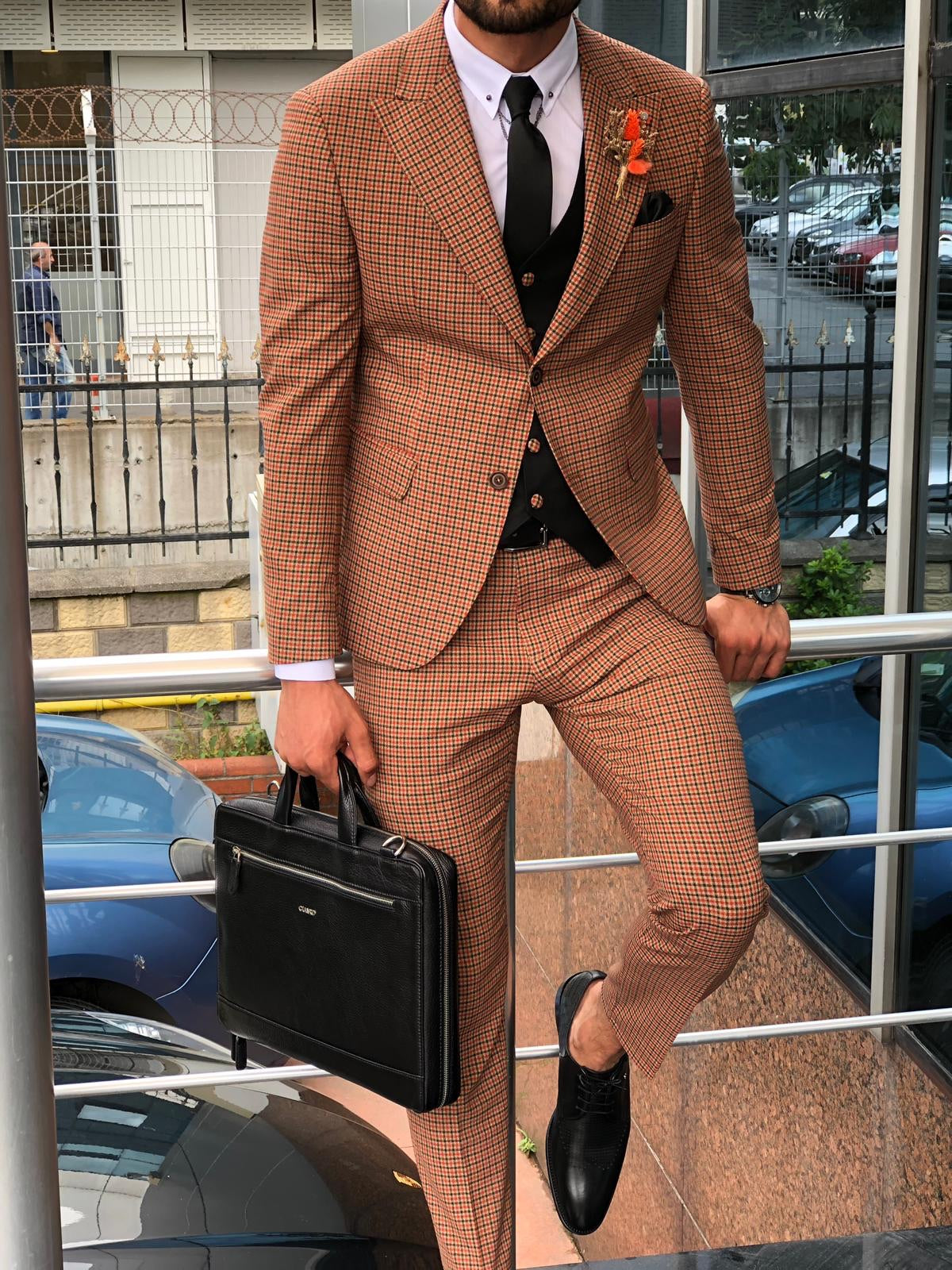 Austin Camel Patterned Slim-Fit Suit