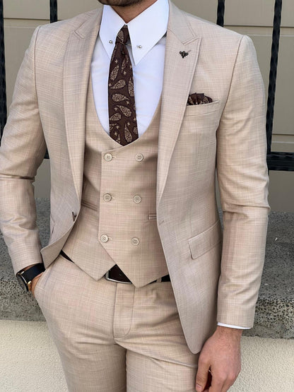 Edmond Beige Slim Fit Peak Lapel Wool Suit