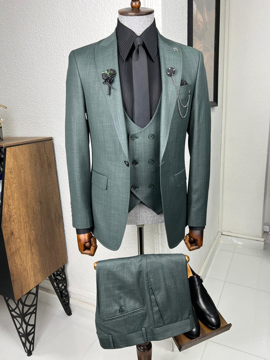 Veneta Slim Fit High Quality Self-Patterned Green Suit