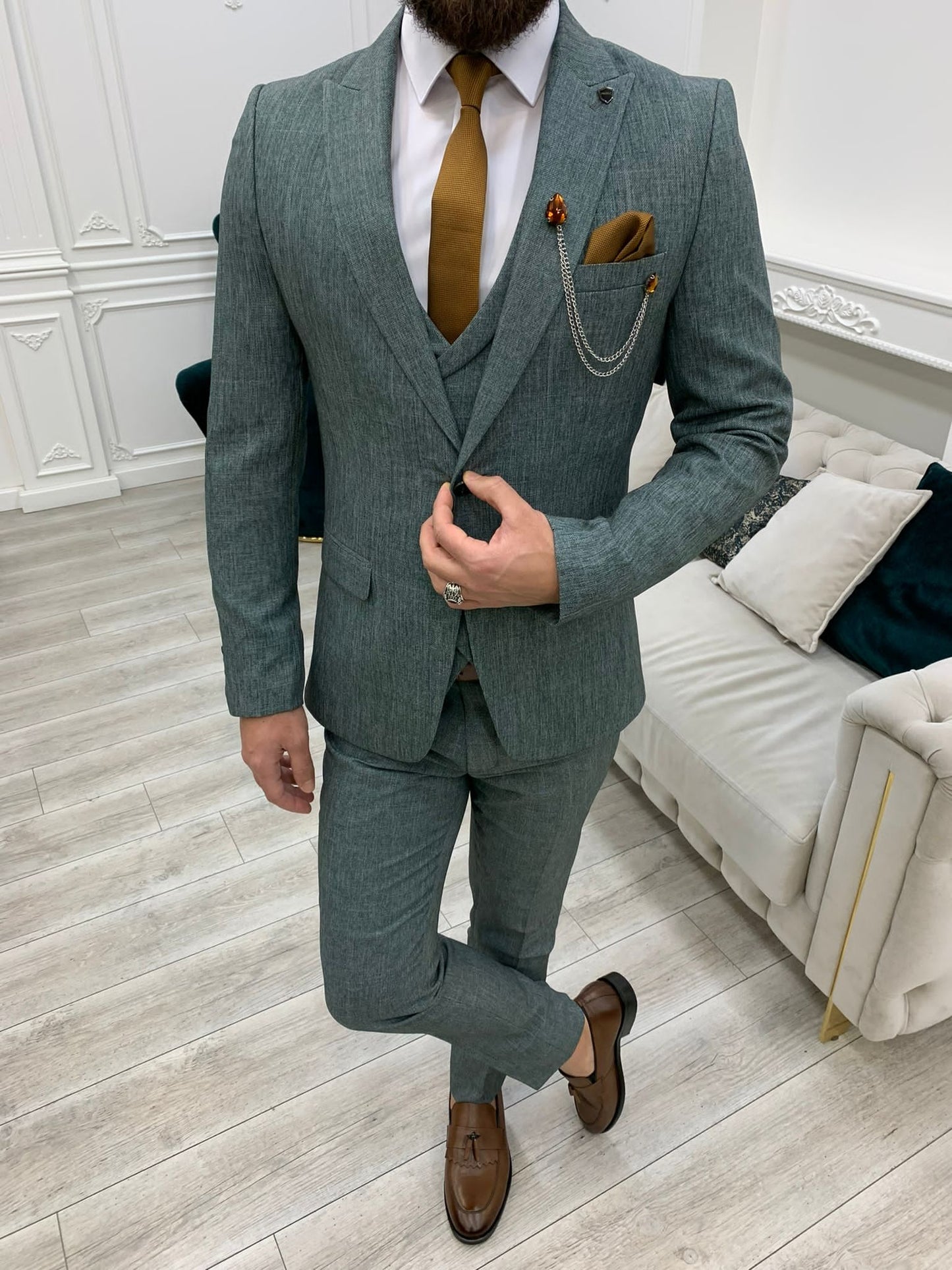 Bergen Green Slim Fit Peak Lapel Crosshatch Suit