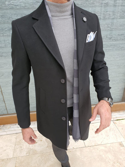 Viena Black Slim Fit Single Breasted Wool Long Coat