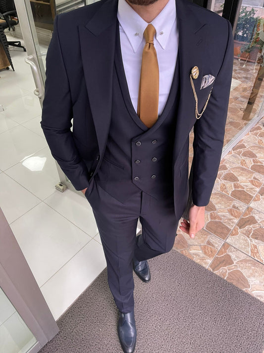 Tallin Navy Blue Slim Fit Peak Lapel Wool Suit